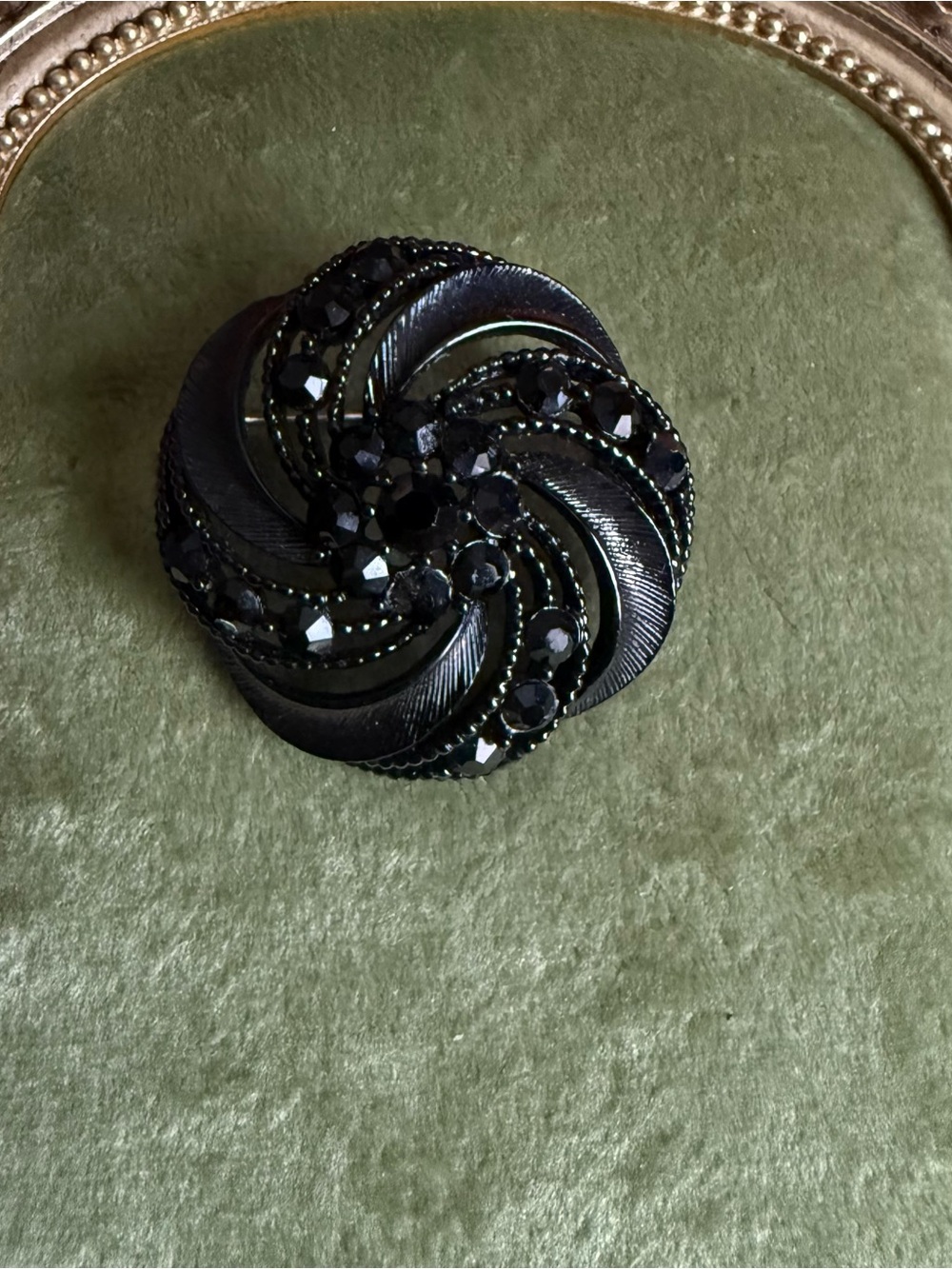 Vintage Black Rhinestone Pinwheel Brooch Swirl Statement Mourning Pin MCM